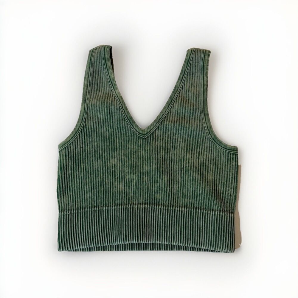 Zenana NTW-6271A Ribbed Washed Crop Tank Bralette Green S/M NWT